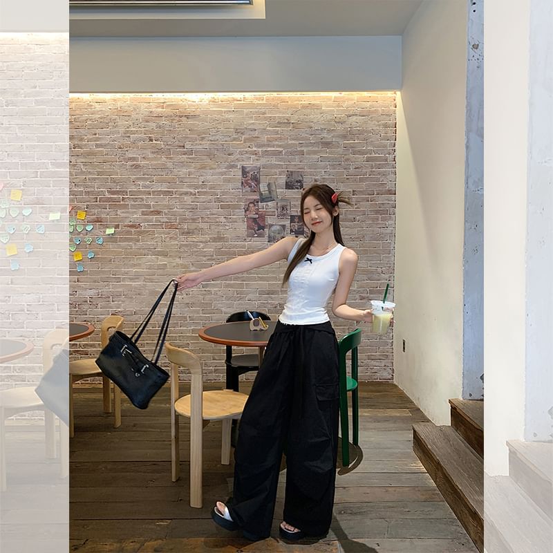 Crew Tank Fit Lace Top Neck Slim Bow Panel