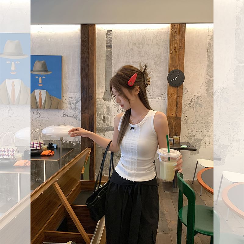 Crew Tank Fit Lace Top Neck Slim Bow Panel