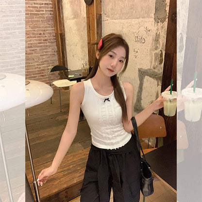 Crew Tank Fit Lace Top Neck Slim Bow Panel