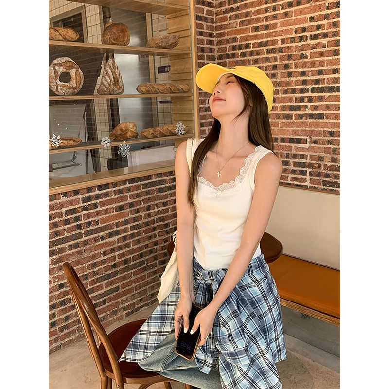 Trim Neck Square Top Tank Bow Slim Lace Plain Fit