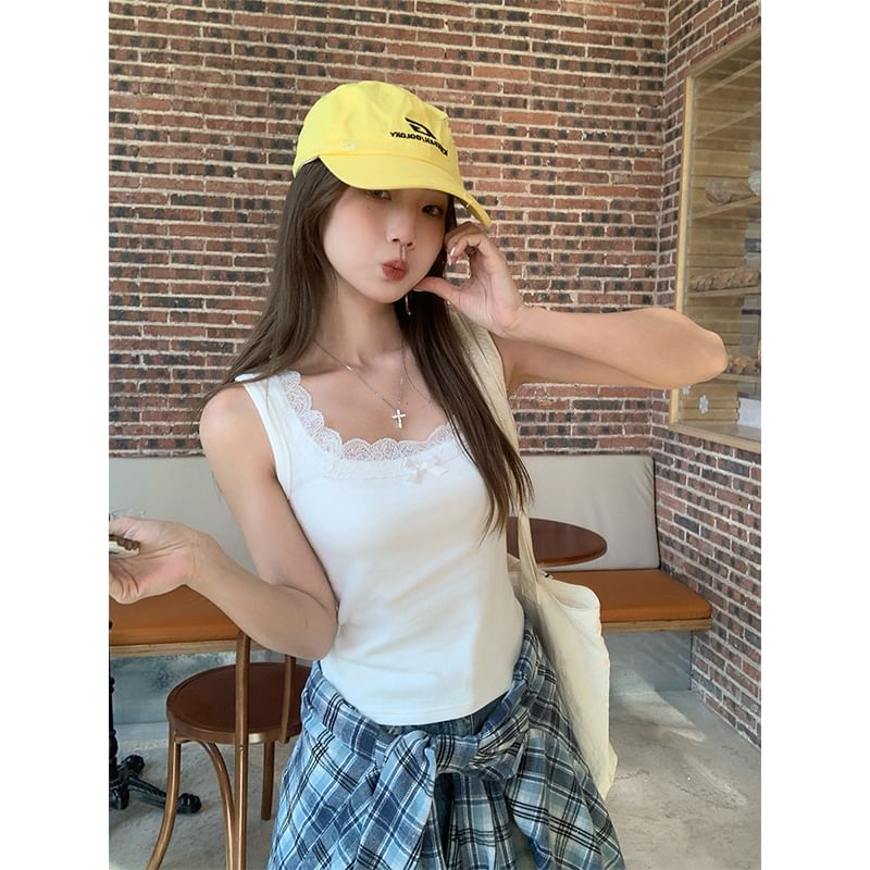 Lace Square Fit Tank Bow Neck Top Trim Plain Slim