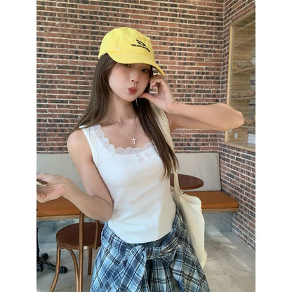 Lace Square Fit Tank Bow Neck Top Trim Plain Slim