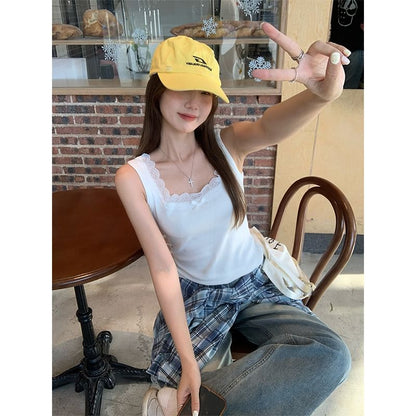 Lace Square Fit Tank Bow Neck Top Trim Plain Slim