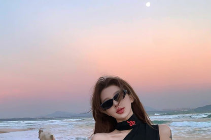 Halter Print Tank Slim Fit Top One-Shoulder Snake