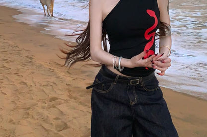 Fit Top One-Shoulder Print Tank Snake Slim Halter