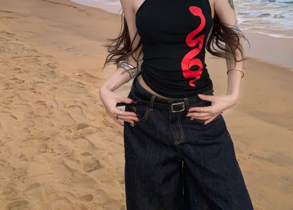 Fit Top One-Shoulder Print Tank Snake Slim Halter