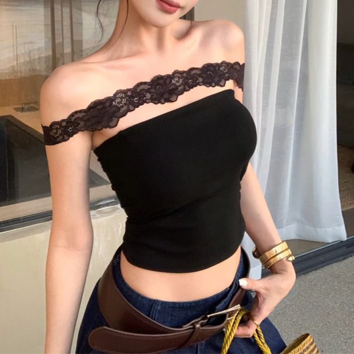 Panel Lace Halter Padded Fit Crop Plain Top Slim