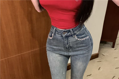 Rhinestone Jeans Mid Bootcut Washed Rise Trim