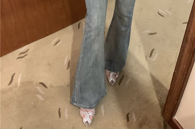 Rhinestone Jeans Mid Bootcut Washed Rise Trim