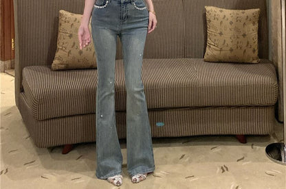 Rhinestone Jeans Mid Bootcut Washed Rise Trim