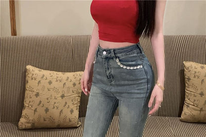 Rhinestone Jeans Mid Bootcut Washed Rise Trim