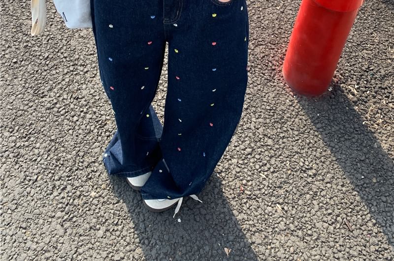 Waist Embroidered Floral Wide Leg Jeans High