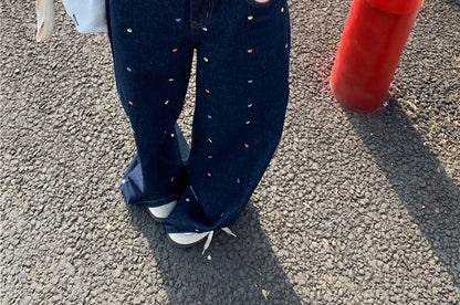 Waist Embroidered Floral Wide Leg Jeans High