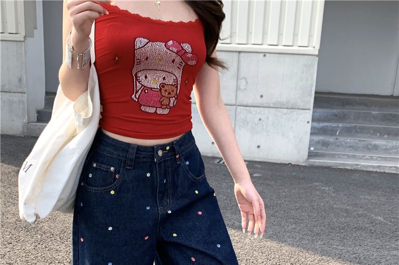 Waist Embroidered Floral Wide Leg Jeans High