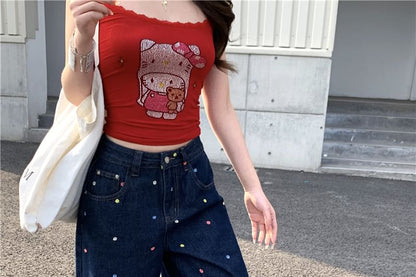 Waist Embroidered Floral Wide Leg Jeans High