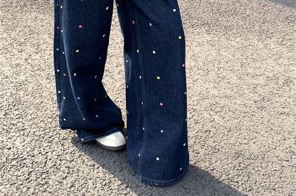 Waist Embroidered Floral Wide Leg Jeans High
