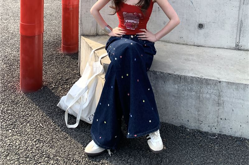 Waist Embroidered Floral Wide Leg Jeans High