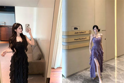 Maxi A-Line Dress Plain Ruched Ruffle Strap Slit Lace Spaghetti Panel