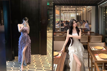 Maxi A-Line Dress Plain Ruched Ruffle Strap Slit Lace Spaghetti Panel