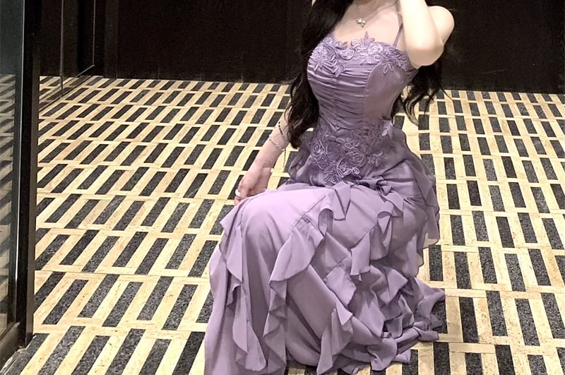 Maxi A-Line Dress Plain Ruched Ruffle Strap Slit Lace Spaghetti Panel