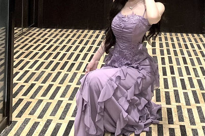 Maxi A-Line Dress Plain Ruched Ruffle Strap Slit Lace Spaghetti Panel