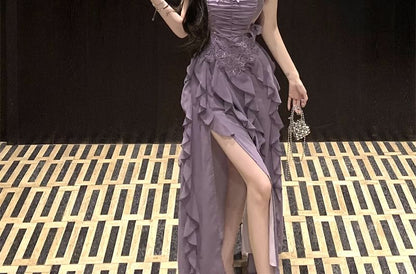 Maxi A-Line Dress Plain Ruched Ruffle Strap Slit Lace Spaghetti Panel