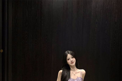 Maxi A-Line Dress Plain Ruched Ruffle Strap Slit Lace Spaghetti Panel