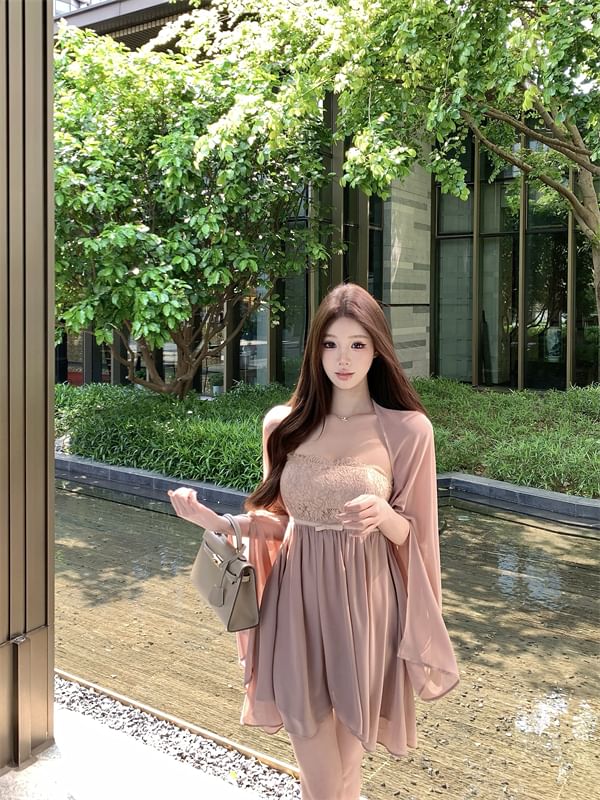 Panel Dress Bow Mini Strapless Shawl Accent Lace / A-Line Plain