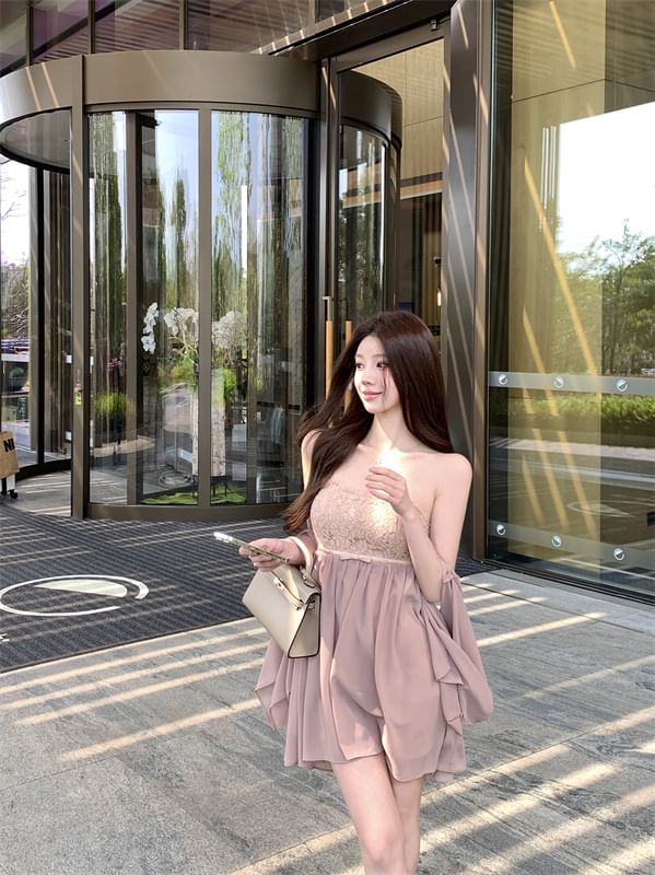 Panel Dress Bow Mini Strapless Shawl Accent Lace / A-Line Plain