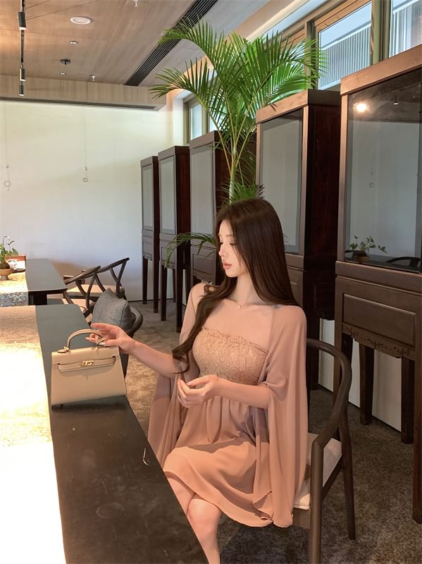 Panel Dress Bow Mini Strapless Shawl Accent Lace / A-Line Plain