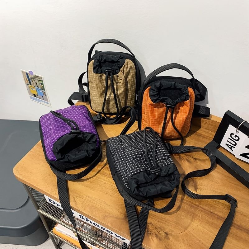 Drawstring Mobile Phone Nylon Crossbody Bag Plaid