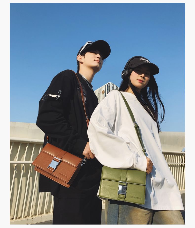 Leather Flap Plain Bag Crossbody Faux Buckled