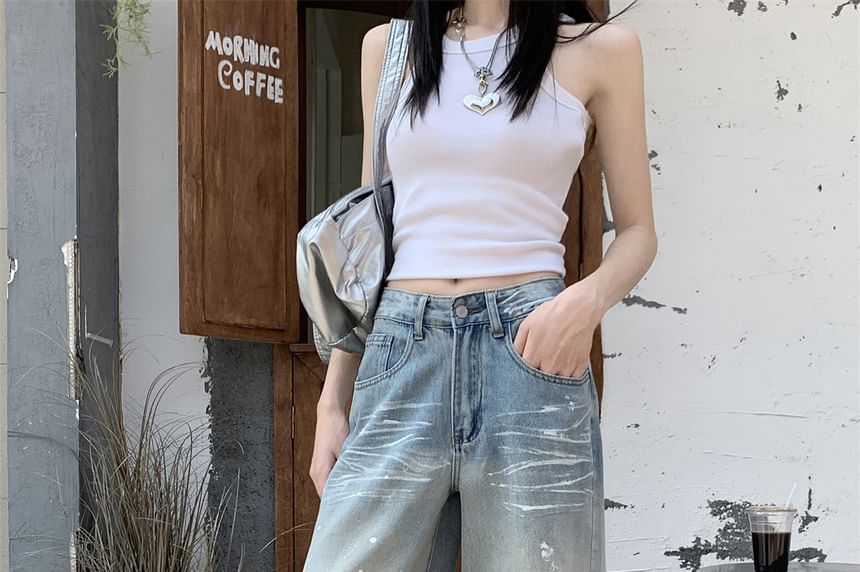 High Wide Leg Jeans Ripped Washed Waist