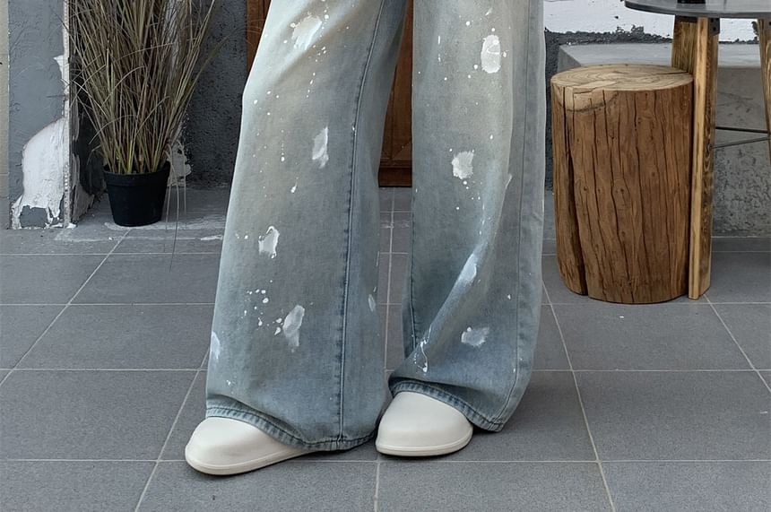 High Wide Leg Jeans Ripped Washed Waist