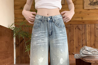 High Wide Leg Jeans Ripped Washed Waist