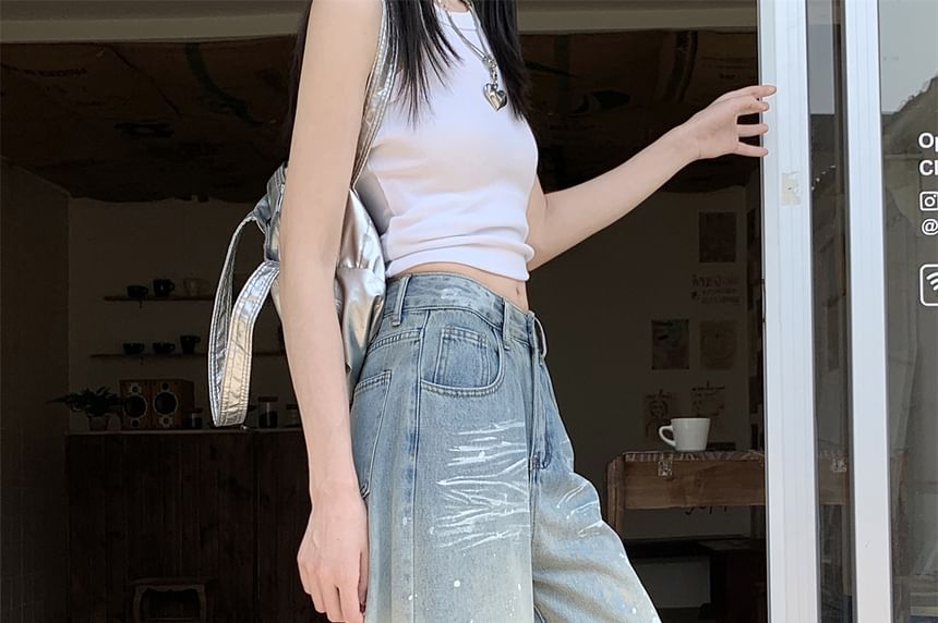 High Wide Leg Jeans Ripped Washed Waist
