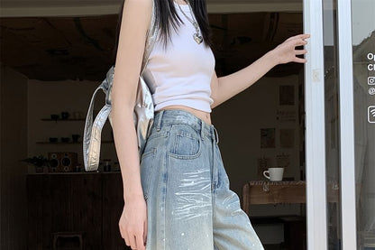 High Wide Leg Jeans Ripped Washed Waist