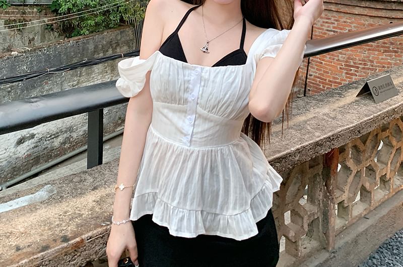 Open Plain Peplum Blouse / Top Halter Bow Back Puff-Sleeve