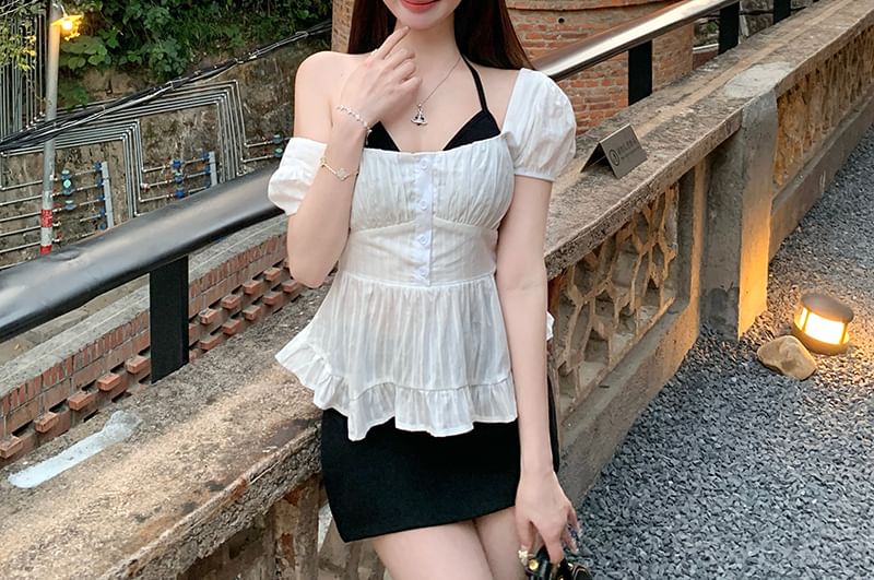 Open Plain Peplum Blouse / Top Halter Bow Back Puff-Sleeve