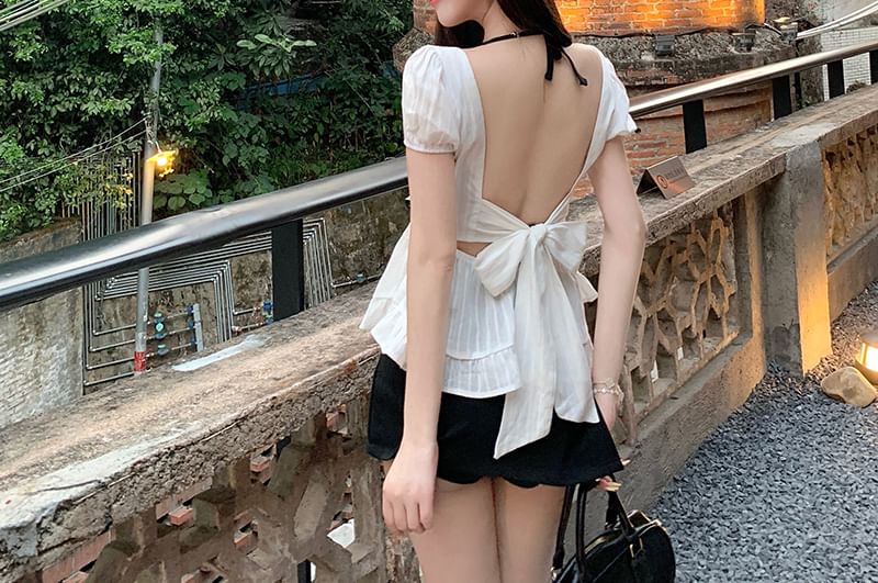 Open Plain Peplum Blouse / Top Halter Bow Back Puff-Sleeve