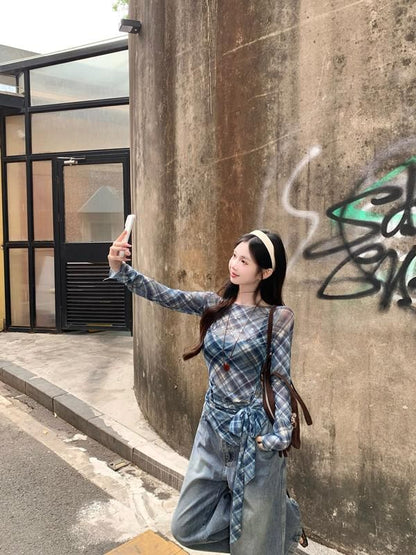 Sheer Neck Long-Sleeve Boat Plaid Asymmetrical T-Shirt