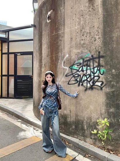 Sheer Neck Long-Sleeve Boat Plaid Asymmetrical T-Shirt