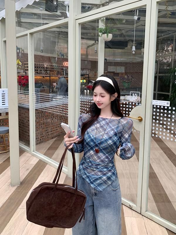 Sheer Neck Long-Sleeve Boat Plaid Asymmetrical T-Shirt