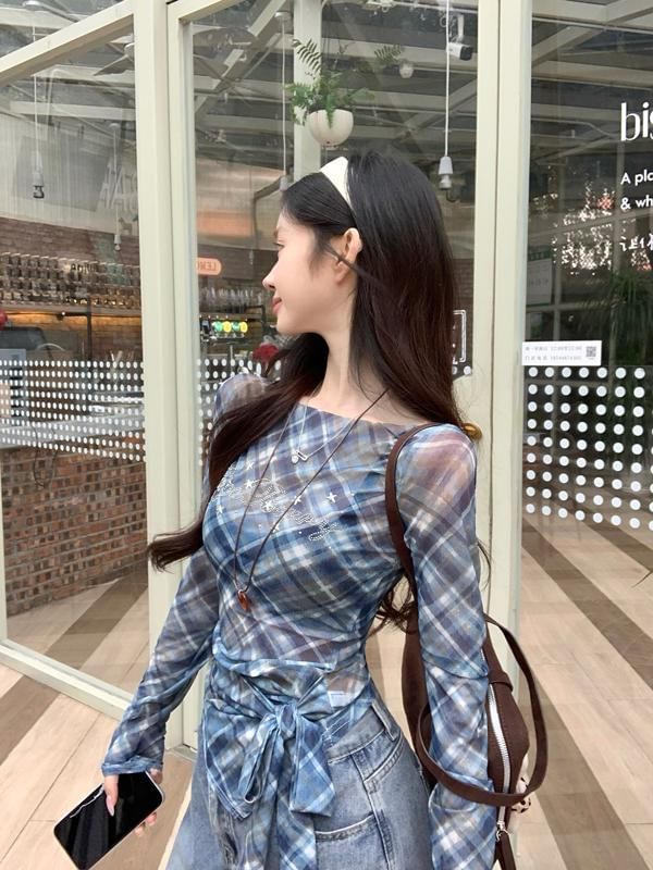 Sheer Neck Long-Sleeve Boat Plaid Asymmetrical T-Shirt