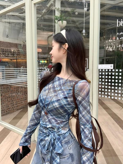 Sheer Neck Long-Sleeve Boat Plaid Asymmetrical T-Shirt