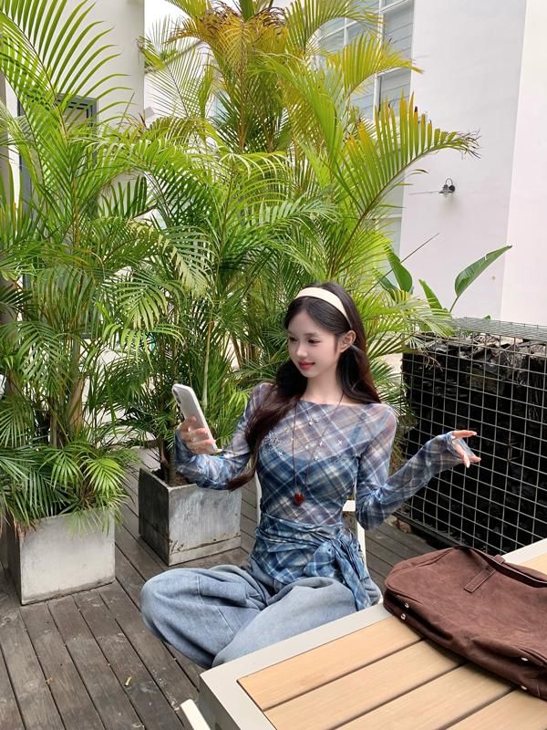 Sheer Neck Long-Sleeve Boat Plaid Asymmetrical T-Shirt