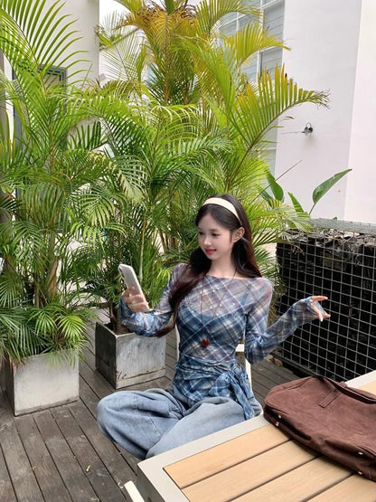 Sheer Neck Long-Sleeve Boat Plaid Asymmetrical T-Shirt