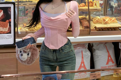 Asymmetrical Tone Long-Sleeve Fit Slim Tee Two Mock Two-Piece