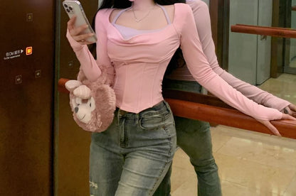 Asymmetrical Tone Long-Sleeve Fit Slim Tee Two Mock Two-Piece