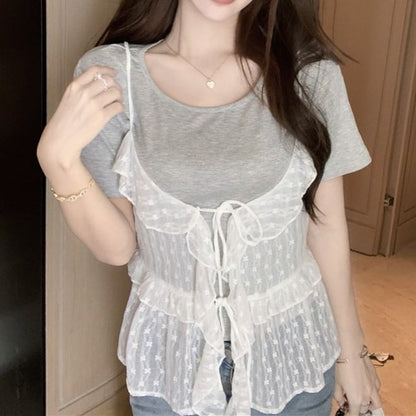 Ruffle Set: Cami Sheer + Plain Crew Tee Short-Sleeve Floral Top Neck